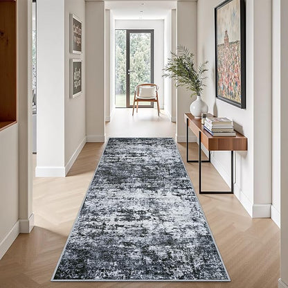 2.6'x8' Runner Rug Washable Rug;Modern Abstract Soft Thin Runner Rug Black
