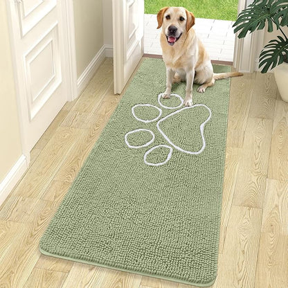 OLANLY Dog Door Mat for Muddy Paws 70x24, Paw Print Design, Absorbs Moisture and Dirt, Non-Slip Washable Doormat, Quick Dry Chenille Mud Mat for Dogs, Entry Indoor Entryway Carpet, Sage Green