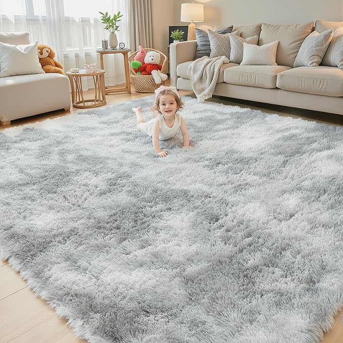 Rugs for Living Room 5x8, Alfombras para Salas Shag Large Plush Soft Area Rug, Shaggy Carpets for Bedroom, Kids Boys Girls Home Decor Aesthetic (Light Grey Tie-Dyed, 5x8 Feet)
