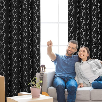 Deconovo Black Out Curtains for Bedroom Livint Room Nursery (42x72 Inch, Black/Silver, 2 Panels) Geometry Silver Patterned Room Darkening Curtains, Thermal Insulated Soundproof Drapes