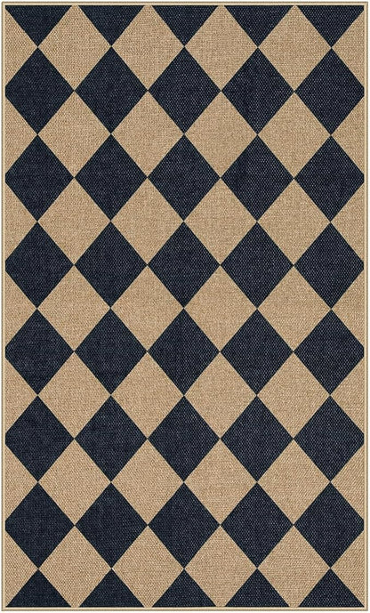 Lahome Colette Checkered Easy Jute 3x5 Outdoor Patio Rug, Washable Rugs for Entryway Diamond Indoor Outdoor Living Room Carpet, Farmhouse Neutral Non Slip Black Door Carpet for Backyard Bedroom