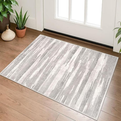 Lansny Modern Abstract Entryway Rug Indoor 2x3 Neutral Washable Non-Slip Soft Small Area Rug Light Beige and Grey Kitchen Mat Thin Print Faux Wool Floor Carpet for Entrance Bedroom