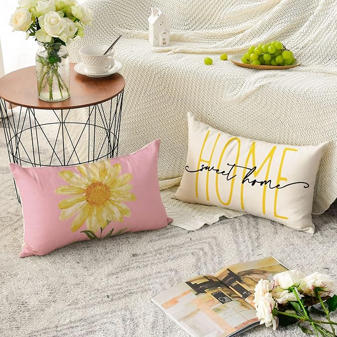 AVOIN colorlife Home Sweet Home Spring Summer Flowers Pink Throw Pillow Covers, 12 x 20 Inch White Cushion Case for Sofa Couch Set of 4