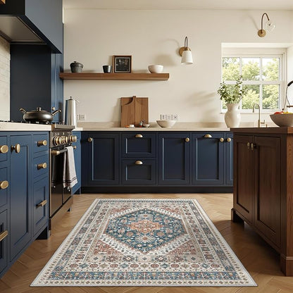 3x5 Washable Area Rug for Entryway, Kitchen Rugs Non Slip for Dining Room, Vintage Floral Soft Living Room Rug, Thin Area Rug Indoor for Bedroom, Kids Room Decor(Blue/Red,3'x5')