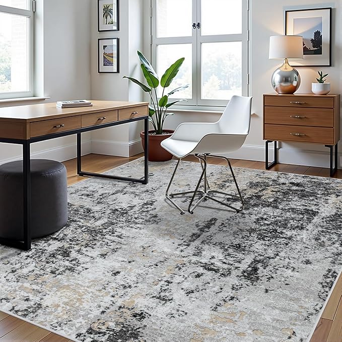 6x9 Area Rugs for Living Room Rug Washable: Abstract Rug for Dining Room Bedroom Carpet Non Slip 6 by 9 Indoor Modern Nursery Home Office Black Grey Gold