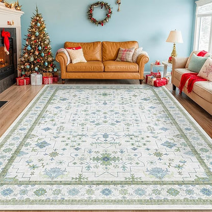 Hazo Haus Blue and Green Living Room Rug 8x10 - Cream Oushak Vintage Boho Floral Farmhouse, Washable Low Pile Non-Slip Extra Large Area Rugs for Bedroom, Girls, Boys, Playroom, Lounge