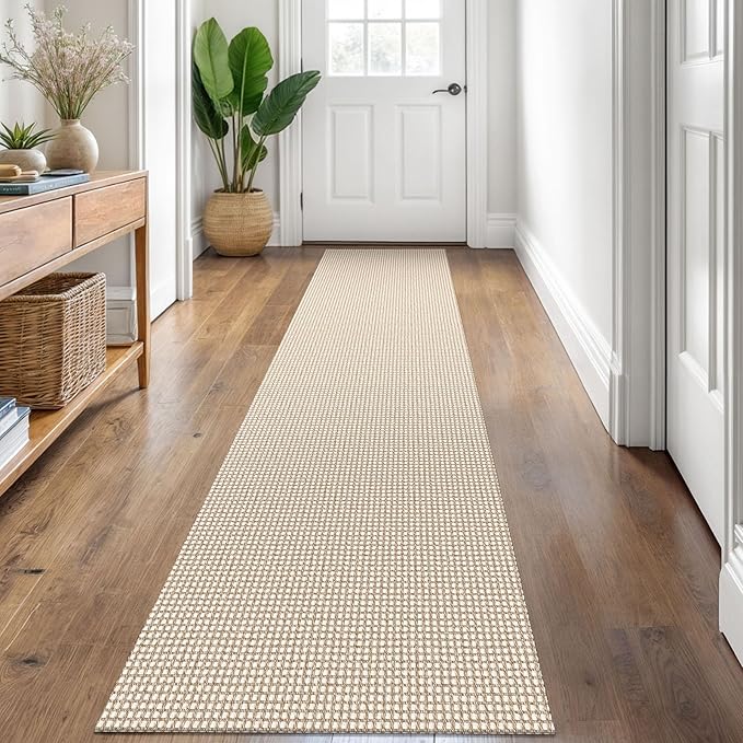 KOZYFLY Runners for Hallways 2x8 ft Washable Kitchen Runner Non Slip Rubber Backed Hall Runners Cotton Entryway Runner Rugs Floor Carpet for Indoor Backdoor Bedroom Kitchen, Ivory/Khaki