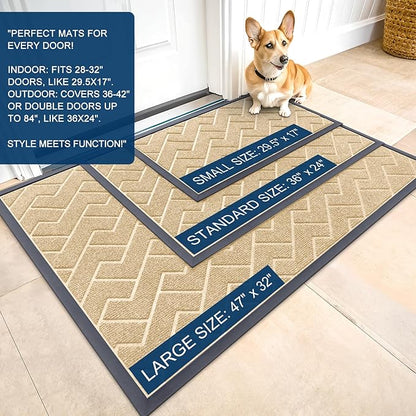 OLANLY Front Door Mat Indoor Outdoor Entrance, Waterproof All-Season, All-Weather Doormat, Sturdy Natural Rubber, Low Profile, Easy Clean Patio Porch Entryway Mat, Herringbone Brick (Beige, 59x35)