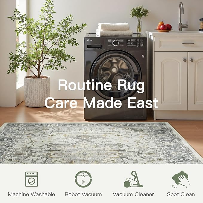 Lofus 8x10 Area Rugs for Living Room, Machine Washable Non-Slip Area Rug, Low Pile Large Rugs for Bedroom, Kitchen, Dining Room, Home Office, Vintage Oriental Print Rug, Taupe Grey