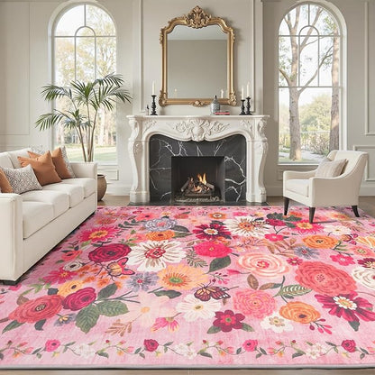 Floral Washable 6x9 Area Rugs Pink, Soft Bedroom Rug for Living Room Ultra-Thin Non Slip Dining Room Rug, Stain Resistant Rugs Easy Clean Throw Carpet for Office(Pink Garden, 6 x 9)