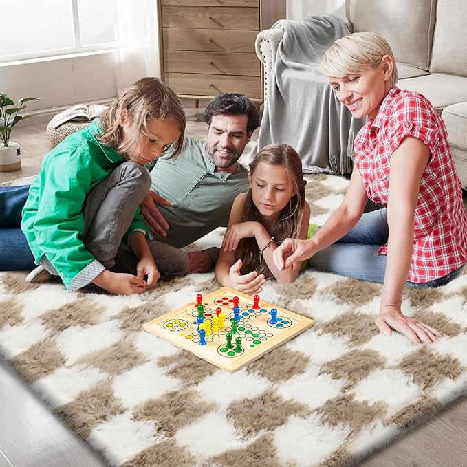 Checkered Area Rugs for Living Room 8x10, Fluffy Beige and White Checkered Rug Fuzzy Shag Shaggy Carpets for Bedroom, Soft Plush Furry Rug for Boy Girls Room Dorm Home Decor