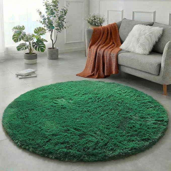 Amdrebio Dark Green Fluffy Round Rugs 5Ft for Bedroom, Thick Floor Circle Rug for Kids, Teens Room Decor, Furry Shag Area Rug for Living Room, Baby Nursery, Dorm, Fuzzy Plush Fur Emerald Green Carpet