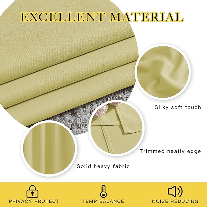 NICETOWN Paler Yellow Room Darkening Curtains 63 inch Length for Kitchen, Grommet Energy Saving Thermal Window Treatments Light Blocking Drapes for Bedroom, 2 Panels, W46 x L63
