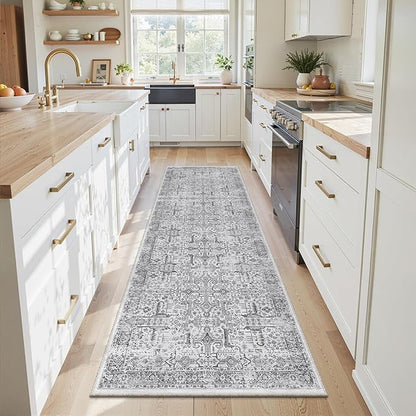 2x6 Hallway Washable Runner Rug - Soft Non Slip Vintage Rugs for Entryway Low-Pile Farmhouse Neutral Kitchen Runners Living Room Floor Mat Stain Resistant Distressed Carpet for Bedroom Bathroom Grey