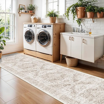 Washable 2'6''x14' Runner Rug - Non-Slip Vintage Runner Rug for Entryway Low-Pile Medallion Long Rugs for Hallway Waterproof Traditional Runner Rugs Indoor Thin Rug for Kitchen (Cream/Beige)