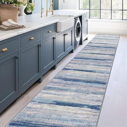 KOZYFLY Modern Abstract Washable Rug Runner 2.6x16 Hallway Rug Runner Non-Slip Soft Kitchen Runner Rugs, Blue/Grey/Beige Striped Carpet for Stair Entryway Bathroom Laundry Room Foyer