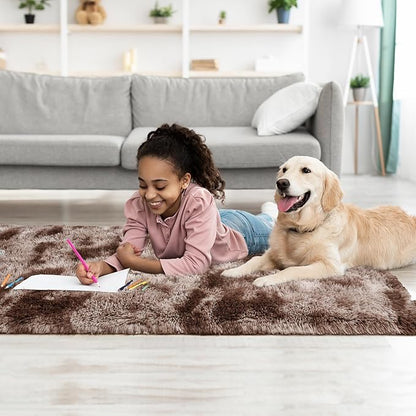 Tepook Fluffy Runner Rugs for Bedroom Aesthetic 2x6 Feet, Shag Soft Bedside Rug with Non-Slip Bottom, Fuzzy Plush Carpet for Room, Hallway Rug for Nursery Dorm Indoor Home Decor, Tie-Dyed Coffee