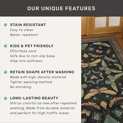 Insect Print Washable 4x6 Entryway Rug - Non-Slip Low Pile Area Rug for Large Kitchen, Bedroom, Office - Ultra Soft Aesthetic Decor, Black & Brown