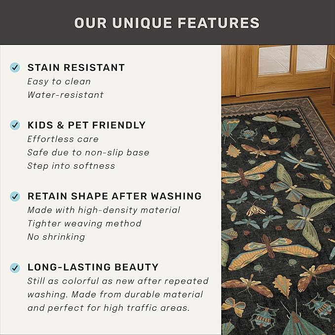 5x8 Black Rug for Bedroom - Boho Large Entryway Rug for Living Room, Under Small Dining Table, Dark Vintage Insect Witch Bug Decor, Washable Low Pile Waterproof Non Slip & Stain Resistance