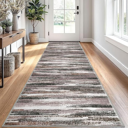 Lansny Modern Abstract Runner Rug 2.6x10, Dark Light Brown White Washable Long Kitchen Runner Non-Slip Soft Hallway Rug Runner Thin Print Faux Wool Carpet for Entryway Bedroom Laundry Room Indoor