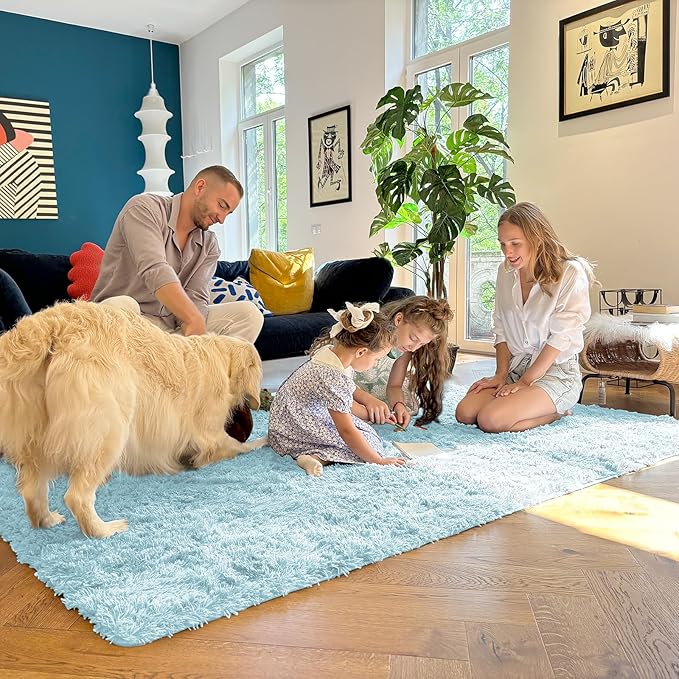 OLANLY 2x3 Machine Washable Small Bedside Rug, Soft Fluffy Shaggy Entryway Throw Rugs for Bedroom, Living Room, Indoor Floor Carpet for Kids Girls and Boys, Home Decor Aesthetic, Light Blue