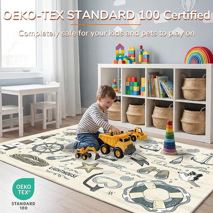 OPPODREAM Nautical Soft Area Rugs 5x7, Washable Beige Rug with Non Slip Backing, 5 x 7 Faux Cashmere Low-Pile 5x7 Carpet