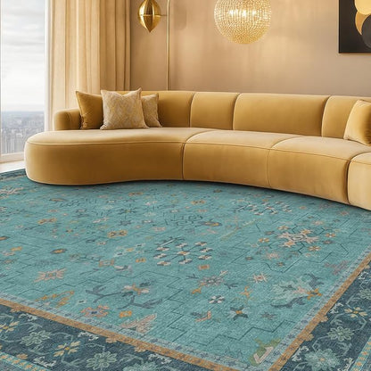 Teal 7x10 Large Rug for Living Room, Washable Soft Area Rugs for Bedroom Under Bed, Dining Room, Floral Pattern Vintage Turquoise Décor Indoor, Non Slip Low Pile & Soft Carpet