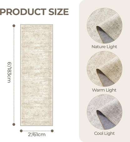 Washable Runner Rugs for Bedroom - 2x6 Runner Rug Non Slip, Ultra-Thin Entryway Runner, Soft Abstract Kitchen Runner for Hallway, Laundry, Bathroom, Indoor Door Mat(2'x6', Beige/Ivory)