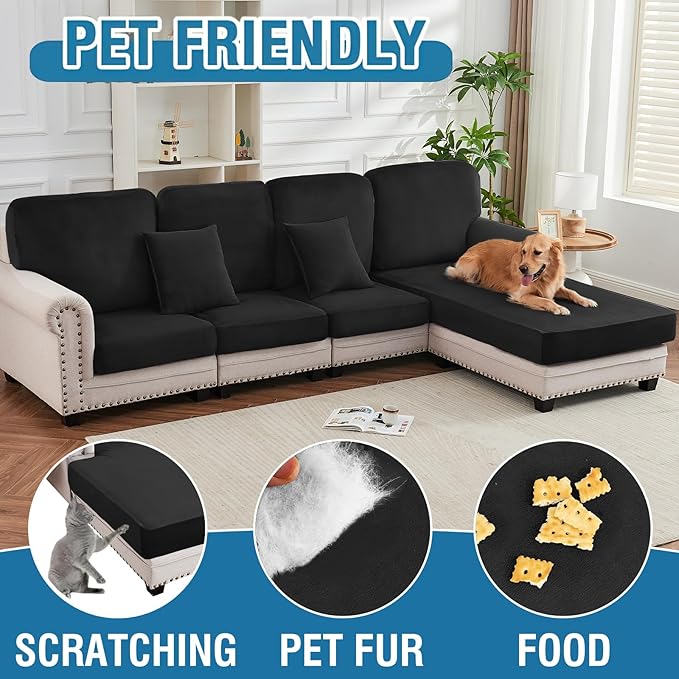 Couch Cover Velvet Chaise Cushion Cover for Sectional Sofas - Elastic L-Shaped Sofa Seat Covers Washable, Slipcover Protector (1-Piece, Black)