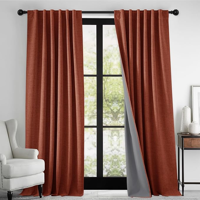 RYB HOME 100% Blackout Linen Textured Curtains 84 inches Long, Insulating Privacy Energy Saving for Bedroom Living Room Window Office Theater Dining Nursery, W 52 x L 84 in, Terracotta, 2 Panels
