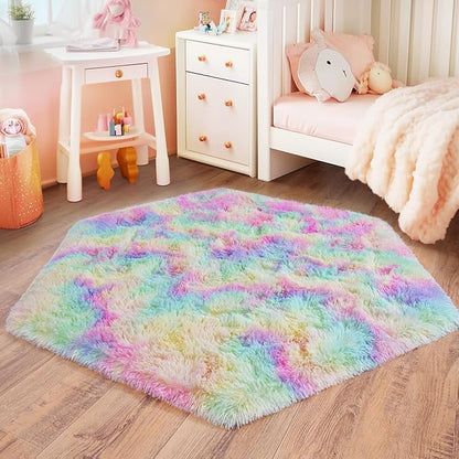 4x4.6 Feet Rainbow Hexagon Rugs for Princess Tent, Ultra Soft Fluffy Hexagon Area Rug for Bedroom, Cute Shag Rugs for Girls Room, Fuzzy Plush Carpet for Kids Room Tent Castle Home Decor