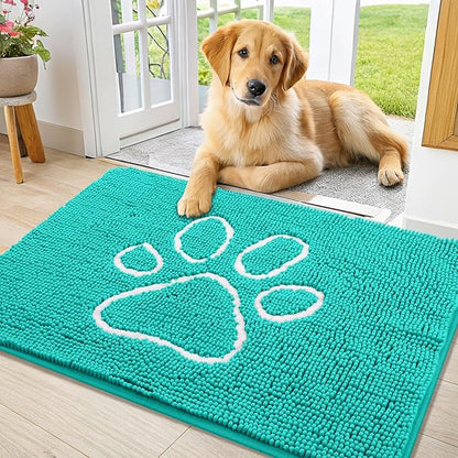 Smiry Dog Door Mat for Muddy Paws, Absorbent Dirt Trapper Non Slip Quick Dry Washable Chenille Mat for Mud Dogs, Entry Rug for Indoor and Outdoor (36x24 Inches, Turquoise and White)