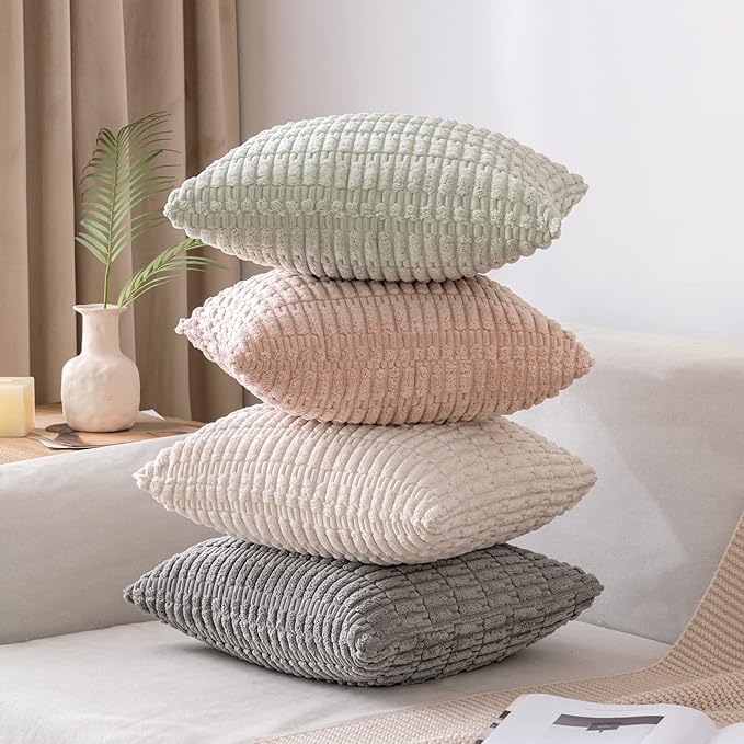 MIULEE Pack of 2 Corduroy Decorative Euro Sham Throw Pillow Covers 22x22 Inch Soft Boho Striped Pillow Covers Modern Farmhouse Home Decor for Sofa Living Room Couch Bed Light Grey