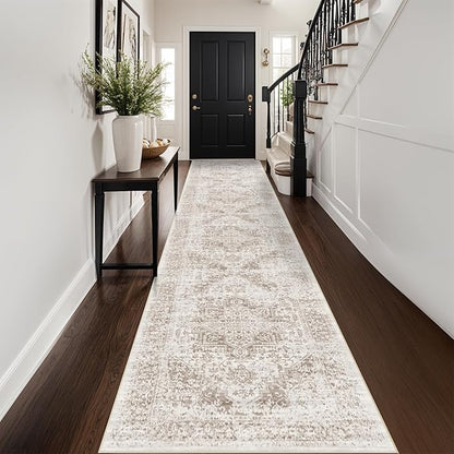 Washable 2'6''x14' Runner Rug - Non-Slip Vintage Runner Rug for Entryway Low-Pile Medallion Long Rugs for Hallway Waterproof Traditional Runner Rugs Indoor Thin Rug for Kitchen (Cream/Beige)