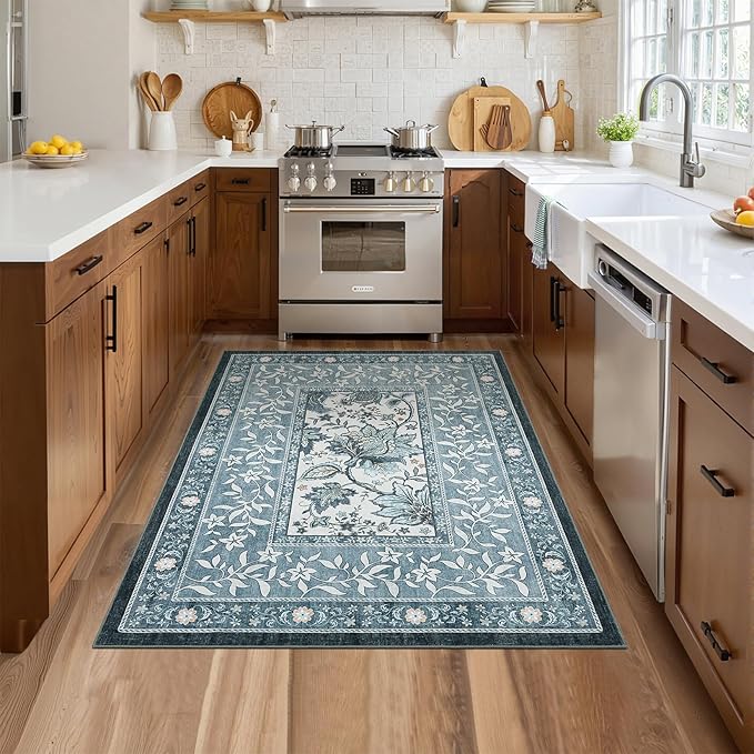 GarveeHome Provence Misty Blue 3x5 Rug Washable Non-Slip Low-Pile Indoor Rugs for Entryway Botanical Grove Vintage Boho Cottage Throw Carpet for Kitchen Bedroom Living Room Bathroom Mat