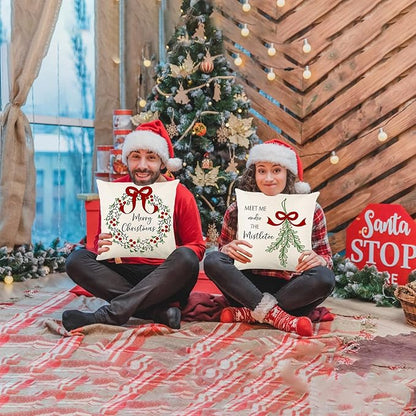 ONFAON Christmas Decorations - Christmas Pillow Covers 18x18 Set of 4, Holiday Christmas Decor Home Sofa Couch Cushion Indoor Decorations