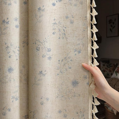 Boho Floral Spring 100% Blackout Curtains 84 Inch Length 2 Panels Set, Linen Texture Farmhouse Curtains with Beige Tassel for Living Room Bedroom, Vintage Rustic Rod Pocket,Light Blue