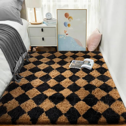 Ophanie Checkered Black & Beige Rhombus Rugs for Living Room Bedroom, Fluffy Soft Cute Fuzzy Area Rug, Plush Shaggy Bedside Floor 4x6 Furry Carpet for Kids Baby Teen Dorm Nursery Home Decor Aesthetic