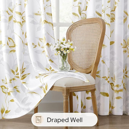 HOMEIDEAS Non-See-Through Gold and White Privacy Sheer Curtains 52 X 96 Inches Long 2 Panels, Leaf Floral Printed Light Filtering Semi Sheer Window Curtains Drapes for Bedroom Living Room