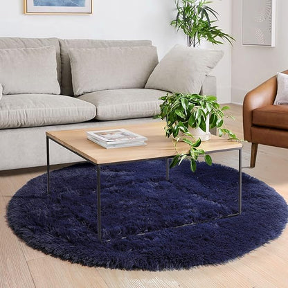 Dark Navy Round Rug 6Ft for Living Room Boys Bedroom, Fluffy Furry Fuzzy Plush Circle Area Rugs for Kids Room Decor Aesthetic, Indigo Shag Cool Dark Blue Carpet for Classroom Teen Dorm Baby Nursery