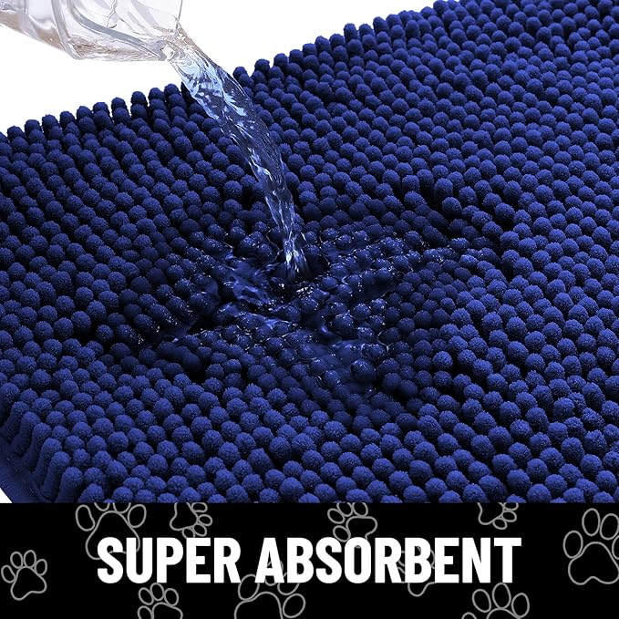 Smiry Dog Door Mat for Muddy Paws, Absorbent Dirt Trapper Non Slip Quick Dry Washable Chenille Mat for Mud Dogs, Entry Rug for Indoor and Outdoor (40x32 Inches, Navy Blue and White)