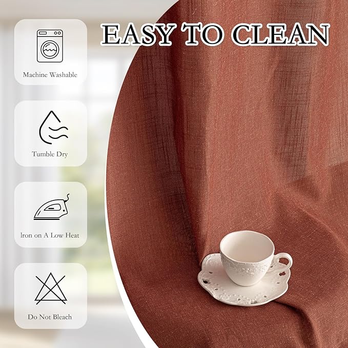 MYSKY HOME Curtains for Living Room 84 Inches Long Light Filtering Semi Sheer Curtains Bedroom Window Drapes Privacy Back Tab Farmhouse Rustic Boho Modern Country, Terracotta, 50" x 84", 2 Panels
