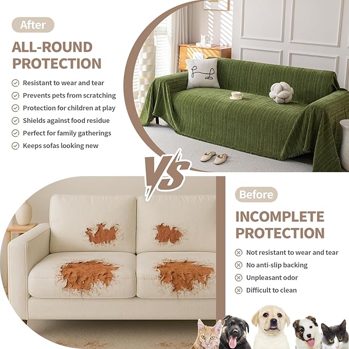 Boho Chenille Couch Cover for Dogs, Non Slip Sofa Cover, Couch Slipcover Covers for 3 Cushion, Furniture Protector with Tassels for Pets Washable, 71"x118", Fishbone Green