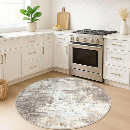 IOHOUZE Round Area Rug 5 Ft Circle Entryway Rugs Round Washable Door Mat Indoor Entrance, Non Slip Circle Front Door Rug, Printed Abstract Faux Wool Floor Carpet for Foyer Porch Sink, Beige Brown