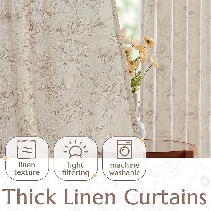 jinchan Linen Floral Curtains for Living Room 84 Inch Length Taupe Flower Curtain Rod Pocket Back Tab Farmhouse Curtains with Printed Floral Bedroom Window Curtain Set, 2 Panels Taupe