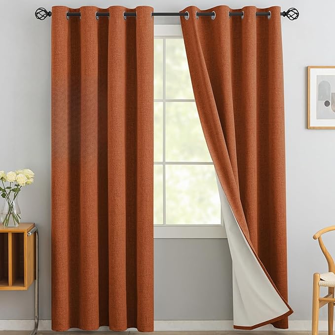 Yakamok Burnt Orange Linen Curtains 100% Blackout 96 Inches Long,Room Darkening Textured Curtains for Living Room Thermal Grommet Bedroom Curtains 2 Panels with White Liner
