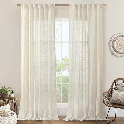 LAMIT 102 inch Long Linen Curtains 2 Panels for Living Room, Natural Cream Ivory Light Filtering Semi Sheer Linen Curtains Back Tab and Rod Pocket Neutral Drapes for Bedroom/Farmhouse, 52 x 102 Inch