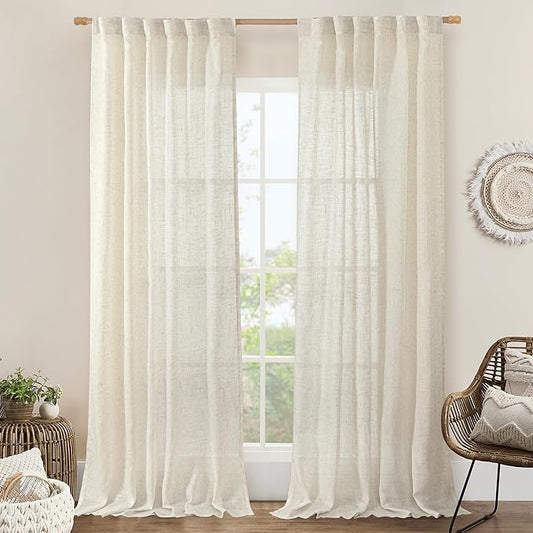 LAMIT 102 inch Long Linen Curtains 2 Panels for Living Room, Natural Cream Ivory Light Filtering Semi Sheer Linen Curtains Back Tab and Rod Pocket Neutral Drapes for Bedroom/Farmhouse, 52 x 102 Inch