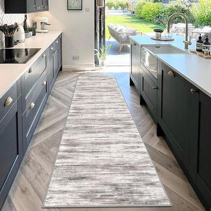 KOZYFLY Modern Abstract Washable Rug Runner 2.6x10 Hallway Rug Runner Non-Slip Soft Kitchen Runner Rugs, Grey/Light Beige/Brown Striped Carpet for Entryway Bathroom