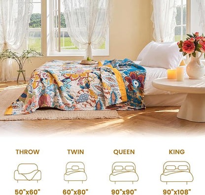 MSGKV Boho Throw Blanket 60"x80" Floral Cotton Blanket for Bed Couch Spring Breathable Lightweight Farmhouse Twin Blankets Home Decor Muslin All Seasons